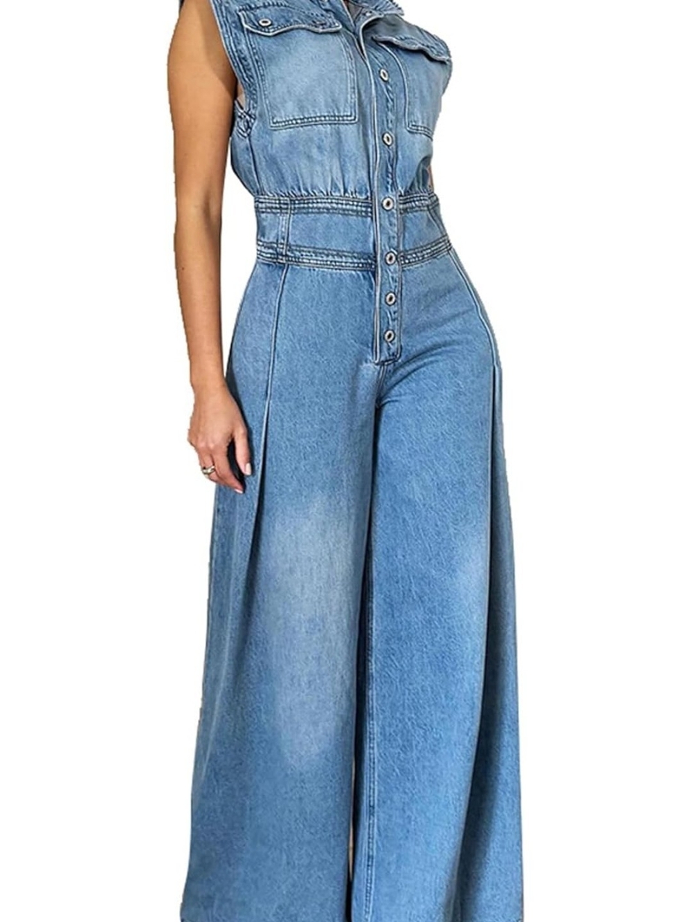 Wide Leg Light Blue Denim Jumpsuit Jeans